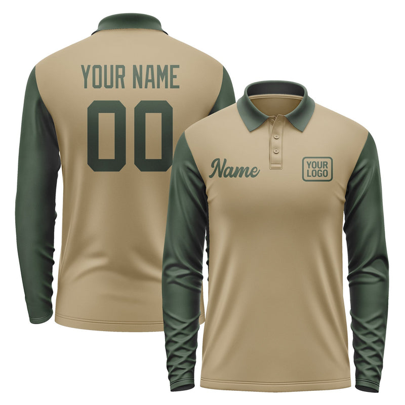 Custom Light Khaki Dark Green Long Sleeve Polo Shirt Pl250606B106