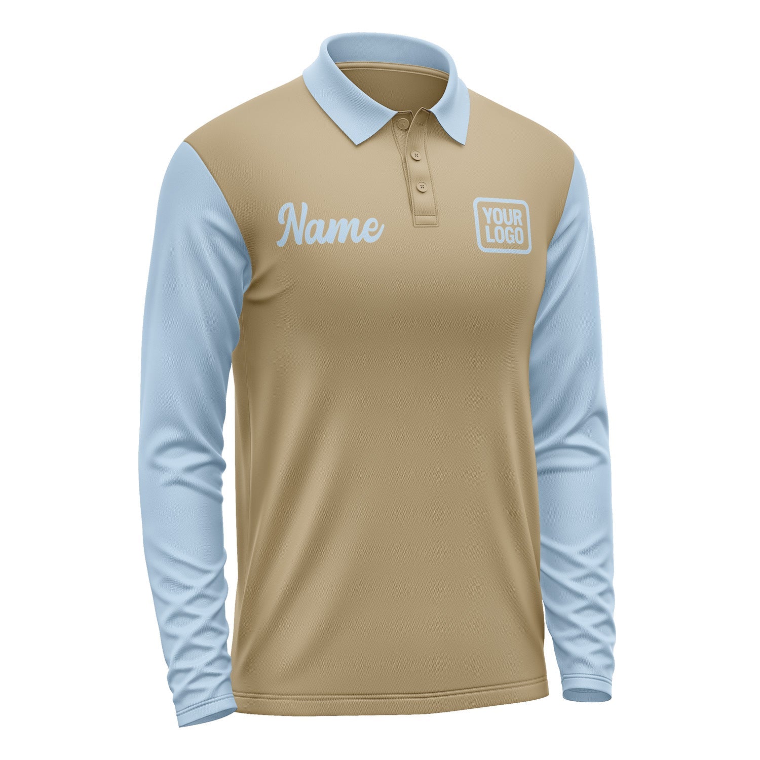 Custom Light Khaki Light Blue Long Sleeve Polo Shirt Pl250808B108