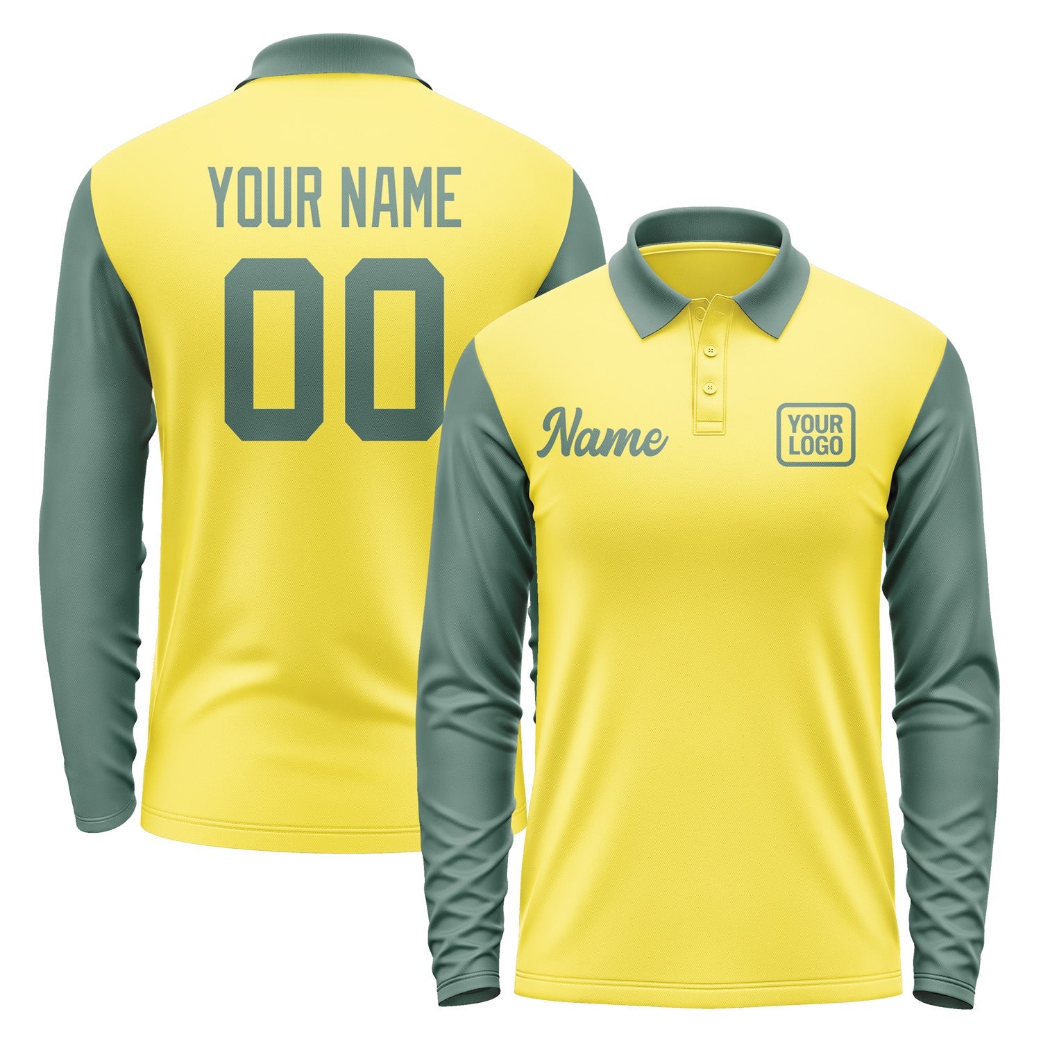Custom Light Yellow Blue Green Long Sleeve Polo Shirt Pl262727B127